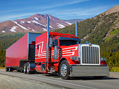 AUT 07 RK0400 01
2013 Peterbilt 389 Red With Canvas Trailer 3/4 Front View On Road In Mountains