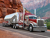 AUT 07 RK0404 01
2012 Peterbilt With Aluminum Trailer Maroon And White 3/4 Front View On Road In Mountains