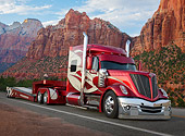 AUT 07 RK0409 01
International Big Rig Red And White 3/4 Front View On Road By Red Rock