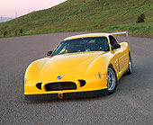 AUT 08 RK0033 02
2000 Panoz GTS Yellow 3/4 Front View On Pavement By Grass Hill At Dusk