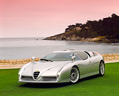 AUT 09 RK0157 04
Alfa Romeo Scighera Concept Car Silver 3/4 Front View On Grass By Water And Island Background Filtered