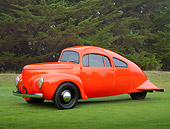 AUT 09 RK1253 01
1937 Airomobile Orange 3/4 Side View On Grass By Trees
