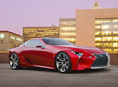 AUT 09 RK1283 01
Lexus LF-LC Concept Red 3/4 Front View On Parking Structure By Buildings At Dusk