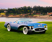 AUT 09 BK0010 01
1954 Buick Wildcat II Convertible Blue Concept 3/4 Front View On Grass By Ocean