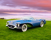 AUT 09 BK0011 01
1954 Buick Wildcat II Convertible Blue Concept 3/4 Front View On Grass By Ocean