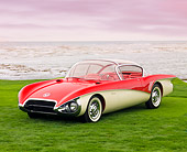 AUT 09 BK0015 01
1956 XP-301 Buick Centurion Coupe Red And White Concept 3/4 Front View On Grass By Ocean