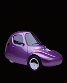 AUT 09 RK0214 05
1998 Corbin Sparrow Electric Car Purple 3/4 Front View Parking Lights On Studio Background