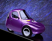 AUT 09 RK0215 02
1998 Corbin Sparrow Electric Car Purple 3/4 Front View On Glossy Floor Shooting Stars Background
