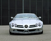 AUT 09 RK0267 04
Mercedes-Benz Vision SLR Silver Low Head On View On Pavement By Fence