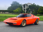 AUT 09 RK1065 01
1970 Lancia Stratos HF Prototype Bertone Coupe DayGlo Red 3/4 Front View On Pavement By Lawn