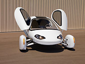 AUT 09 RK1068 01
2008 Aptera Typ-1 Prototype Hybrid Vehicle White Doors Open 3/4 Front View On Pavement