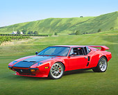 AUT 10 RK0037 01
1974 De Tomaso Pantera Red 3/4 Front View On Grass By Hills