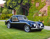 AUT 12 RK0362 01
1953 Jaguar XK120 FHC Black 3/4 Front View On Grass By Trees And Building