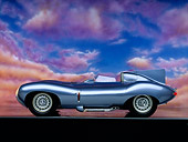 AUT 12 RK0056 01
1955 Jaguar XKD 528 D Type Roadster Light Blue Profile On Mylar Floor Pink Clouds Background Studio