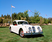 AUT 12 RK0167 01
1956 Jaguar XK1X40 White 3/4 Front View On Grass By Trees And Flag Poles Blue Sky
