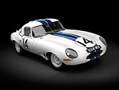 AUT 13 RK0331 01
1963 Jaguar Lightweight E-Type 5114 WK White With Blue Stripes 3/4 Front View In Studio