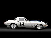 AUT 13 RK0333 01
1963 Jaguar Lightweight E-Type 5114 WK White With Blue Stripes Profile View In Studio