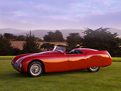 AUT 13 RK0214 02
1947 Cisitalia 202 SMM Spider Nuvolari Red 3/4 Front View On Grass By Trees Mountains Sky