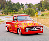 AUT 14 BK0040 01
1954 Ford F-100 Pickup Truck Hot Rod Red With Flames 3/4 Front View On Pavement By Fence And Trees