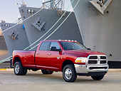 AUT 14 BK0051 01
2010 Dodge Ram 3500 Pickup Truck Red 3/4 Front View On Dock By Ships