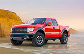 AUT 14 BK0059 01
2011 Ford F-150 SVT Raptor Pickup Truck Red 3/4 Front View On Beach By Cliffs