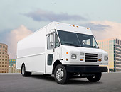 AUT 14 BK0079 01
Delivery Van White 3/4 Front View On Pavement By Buildings