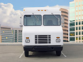 AUT 14 BK0082 01
Delivery Van White Front View In Parking Lot By Buildings