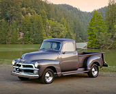 AUT 14 RK0140 01
1954 Chevy 3100 Series 1/2 Ton Truck Gray 3/4 Side View On Dirt By Water And Trees