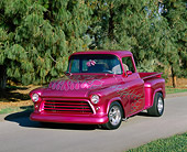 AUT 14 RK0456 01
1955 Chevy Modified Truck Violet 3/4 Front View On Pavement By Trees