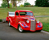 AUT 14 RK0497 01
1940 Chevy 1/2 Ton Pick Up Red With Blue Flames 3/4 Front 1946 Teardrop Trailer