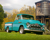 AUT 14 RK0998 01
1957 Chevy Cameo Pick Up Truck Turquoise 3/4 Front View On Grass By Watershed