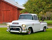 AUT 14 RK1141 01
1956 GMC 100 Pick Up Truck White 3/4 Front View On Grass By Red Barn