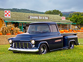 AUT 14 RK1348 01
1956 Chevrolet 3100 Pick Up Truck Blue 3/4 Front View On Grass By Store