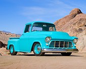 AUT 14 RK1383 01
1956 Chevrolet Stepside Pickup Truck Turquoise 3/4 Front View On Dirt By Rocks