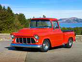 AUT 14 RK1401 01
1957 Chevrolet Stepside Pickup Truck Red 3/4 Front View On Pavement By Water And Trees
