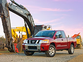 AUT 14 RK1424 01
2009 Nissan Titan 4x4 SE Pickup Truck Red 3/4 Front View On Dirt By Construction Equipment