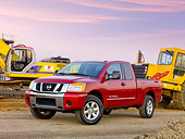 AUT 14 RK1434 01
2009 Nissan Titan 4x4 SE Pickup Truck Red 3/4 Front View On Dirt By Construction Equipment