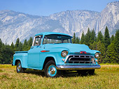 AUT 14 RK1488 01
1957 Chevrolet 3100 Pickup Truck Green 3/4 Front View On Grass By Trees And Mountains