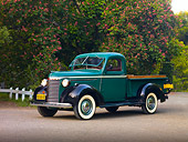 AUT 14 RK1530 01
1940 Chevrolet Pickup Truck Green 3/4 Front View On Pavement By Trees