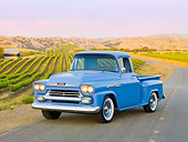 AUT 14 RK1542 01
1958 Chevrolet Apache Pickup Truck Blue 3/4 Front View On Pavement By Vineyard