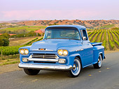 AUT 14 RK1545 01
1958 Chevrolet Apache Pickup Truck Blue 3/4 Front View On Pavement By Vineyard