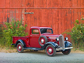 AUT 14 RK1572 01
1936 Chevrolet Pickup Truck Red 3/4 Front View On Gravel By Barn