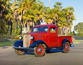 AUT 14 RK1575 01
1936 Chevrolet Pickup Truck Red 3/4 Front View On Pavement By Palm Trees