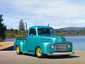 AUT 14 RK1579 01
1950 Ford F1 Pickup Truck Green 3/4 Front View On Pavement By Lake