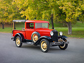 AUT 14 RK1591 01
1931 Ford Closed Cab Budd Body Pickup Truck Red On Pavement By Trees