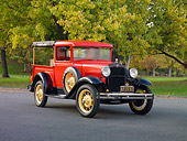 AUT 14 RK1593 01
1931 Ford Closed Cab Budd Body Pickup Truck Red On Pavement By Trees