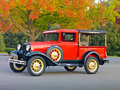 AUT 14 RK1597 01
1931 Ford Closed Cab Budd Body Pickup Truck Red On Pavement By Trees