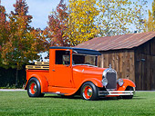 AUT 14 RK1600 01
1928 Ford Model A Pickup Truck Orange 3/4 Front View On Grass By Barn