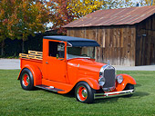 AUT 14 RK1601 01
1928 Ford Model A Pickup Truck Orange 3/4 Front View On Grass By Barn