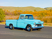 AUT 14 RK1610 01
1955 Chevy Cameo Pickup Blue 3/4 Front View By Hills and Trees.